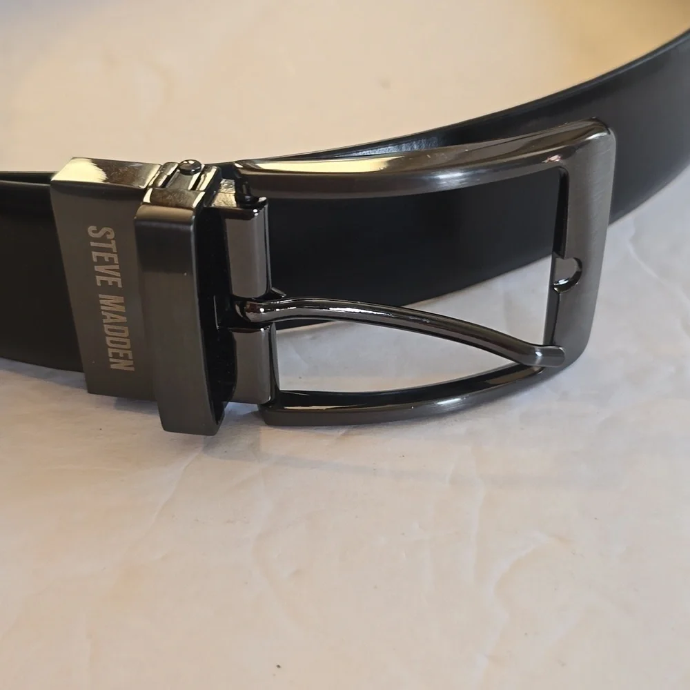 Steve Madden| Mens Black Premium Leather Dress Belt GUN METAL Buckle Sz.36